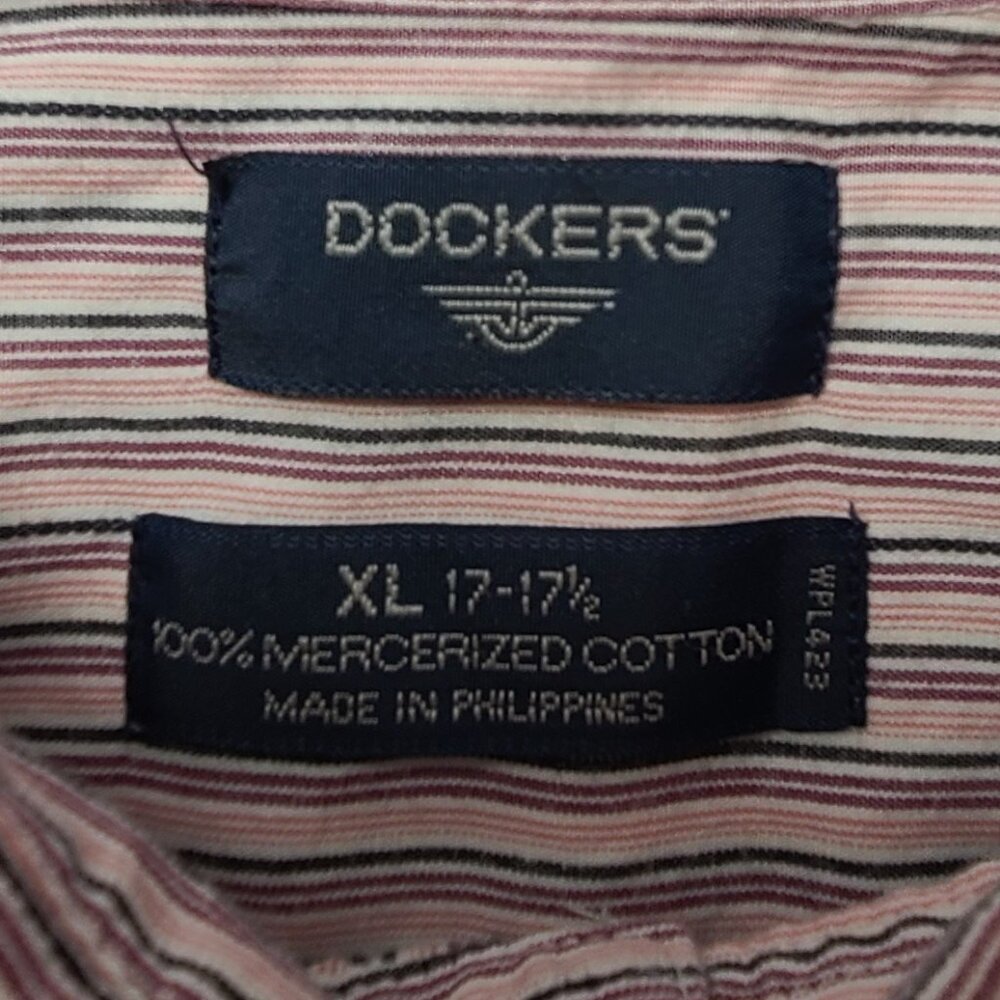 Dockers XL Striped Short Sleeve Shirt Pink White Black Cotton Button-Front - Picture 3 of 8